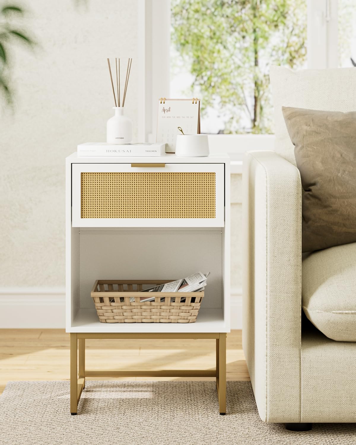 Masupu Rattan Nightstand,Modern Night Stand Boho Farmhouse Wood Bedside Table with Storage Drawer Side End Table for Bedroom,Office,White