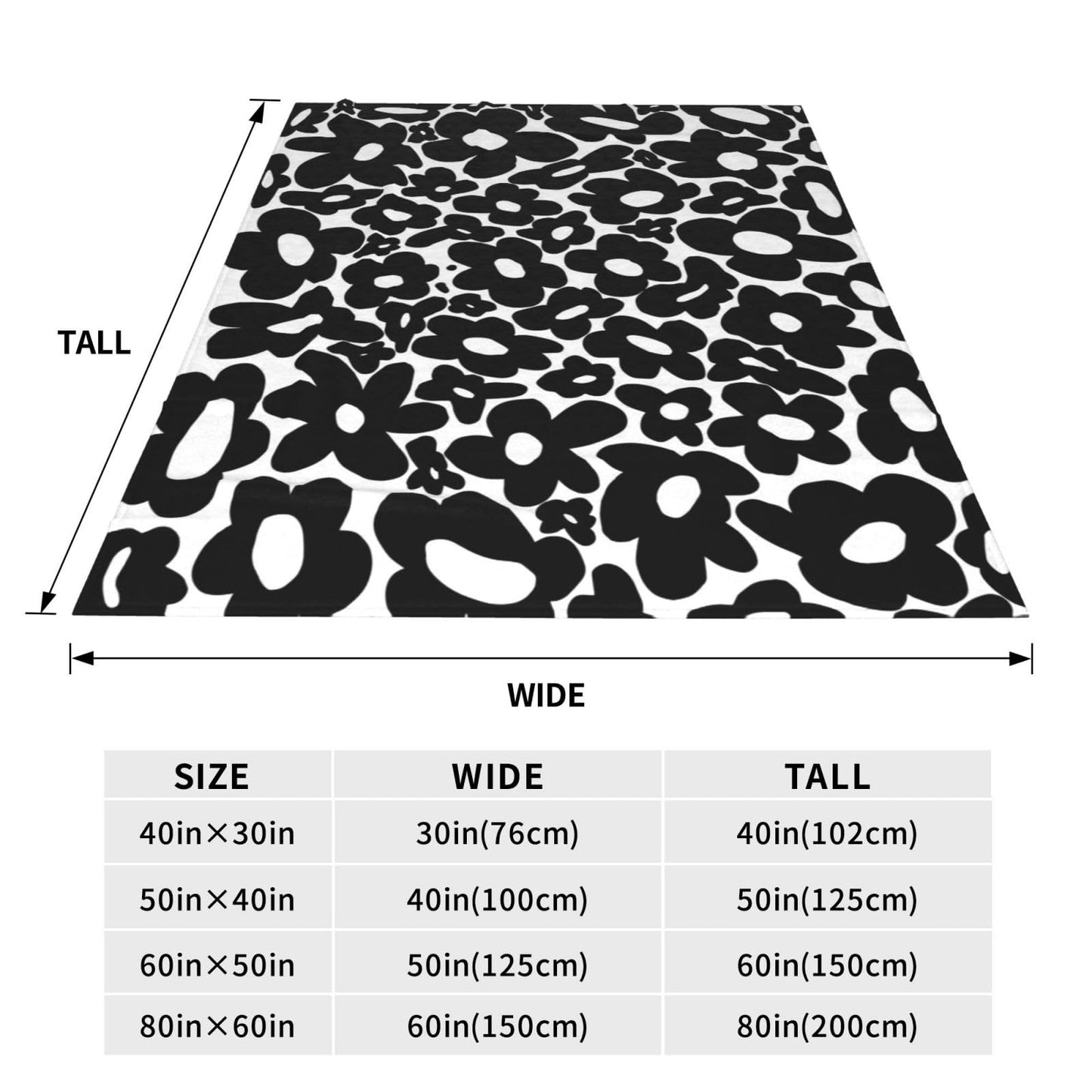 Retro 70s Black and White Flowers Throw Blanket 50"X40" Lightweight Flannel Throws Blankets for Couch Bed Sofa Living Room Bedroom Home Decor,Soft Cozy Fluffy Fuzzy Plush Blanket for All Season