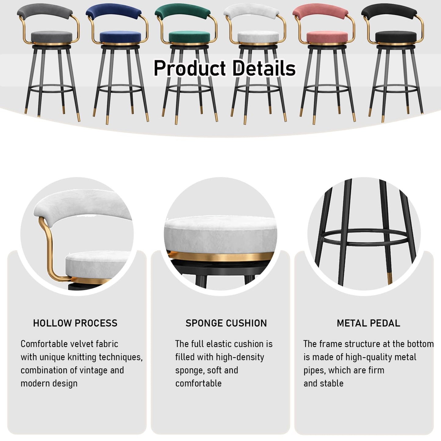 Tall Stools of 2, Height stools with Hollow Back, Velvet Swivel Chairs, Black Metal Legs, Kitchen Island Stools, Seat 65cm, Blue (White Seat Height 65cm)