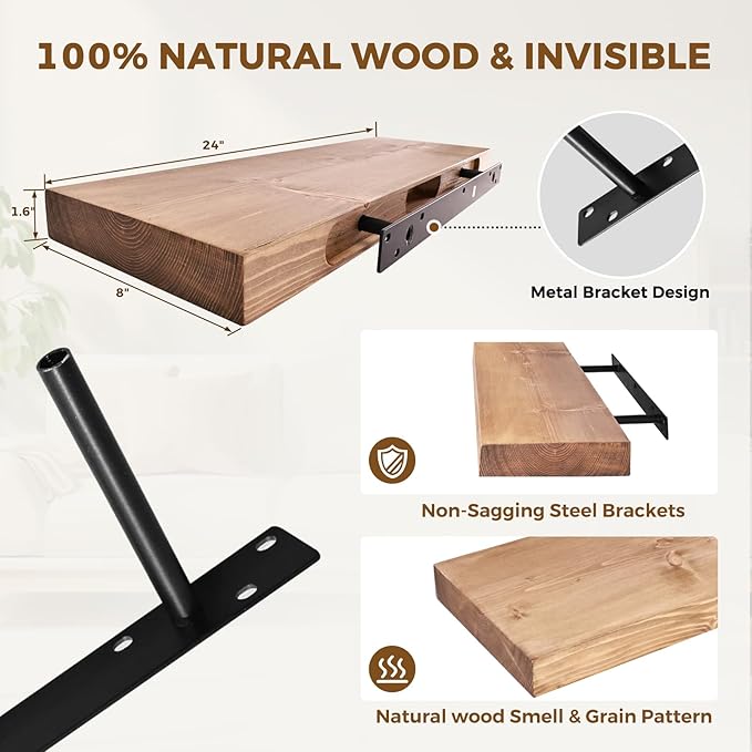 24x8x1.6 inch Floating Shelves Set of 2 – Solid Wood Rustic Oak Wall Mounted