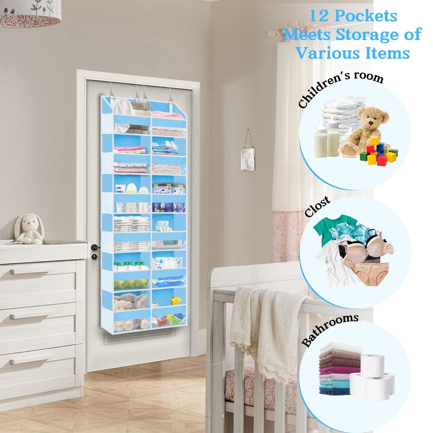 Over The Door Organizer 6 Tiers, Extra Large Behind Door Storage of 12 Compartments, 80 lbs Weight Capacity Hanging Storage Organizer with Clear Window Kids Toys,Shoes,Diapers,Room Storage,Blue