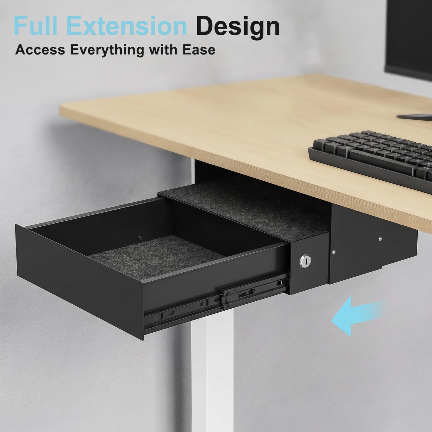 ERGO COLLECT Under Desk Lockable Drawer, Slide-Out Storage Organizer with Full Extension Ball-Bearing Slides, Carbon Steel Undermount Drawer for Home Office Standing Desk, Black, 13.8 Inch