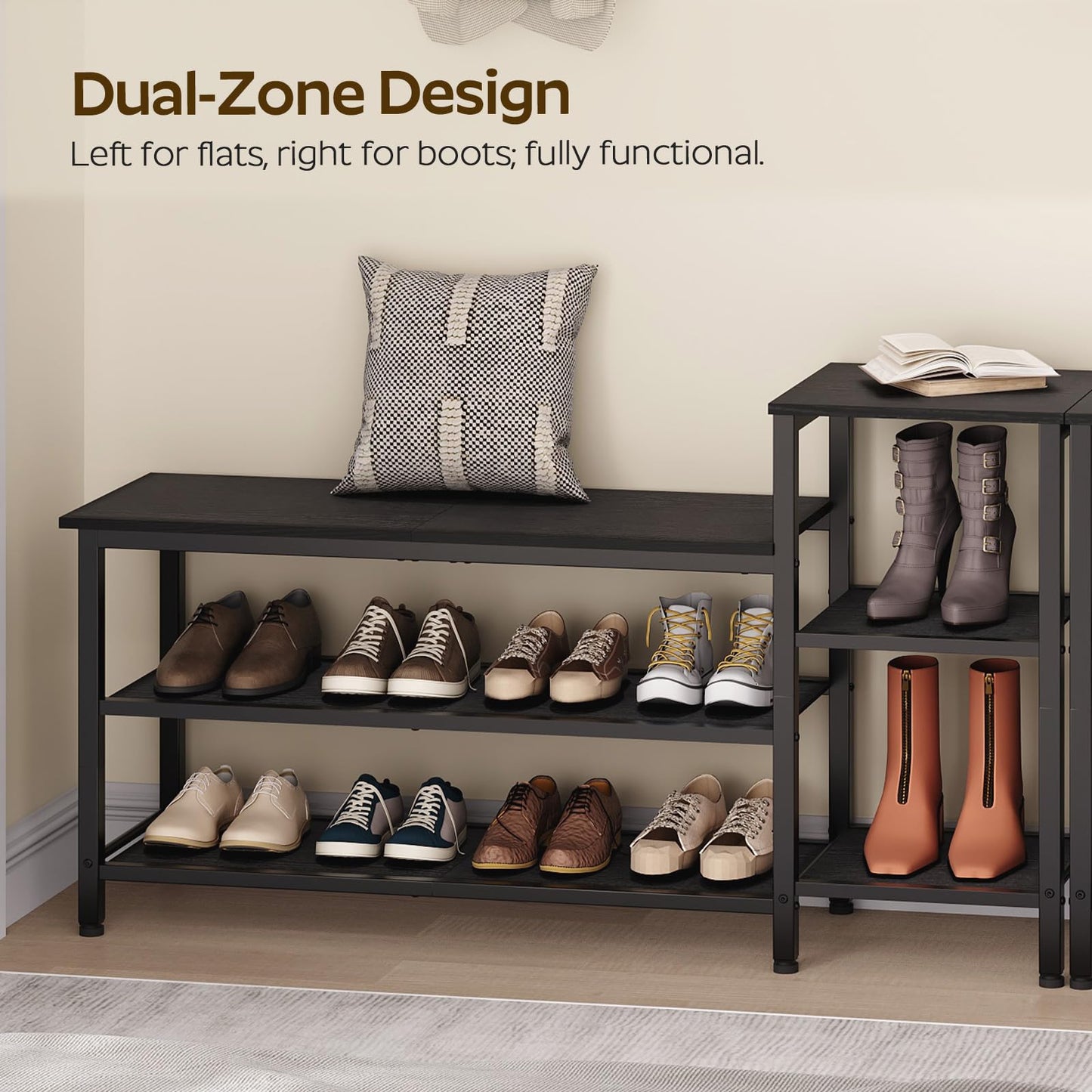YATINEY 3-Tier Shoe Rack Bench, Wooden Shoe Storage Bench, Industrial Entryway Bench with Storage, Multi-Functional Shoe Rack with Seat for Bedroom, Hallway, Living Room, Black HX05BB