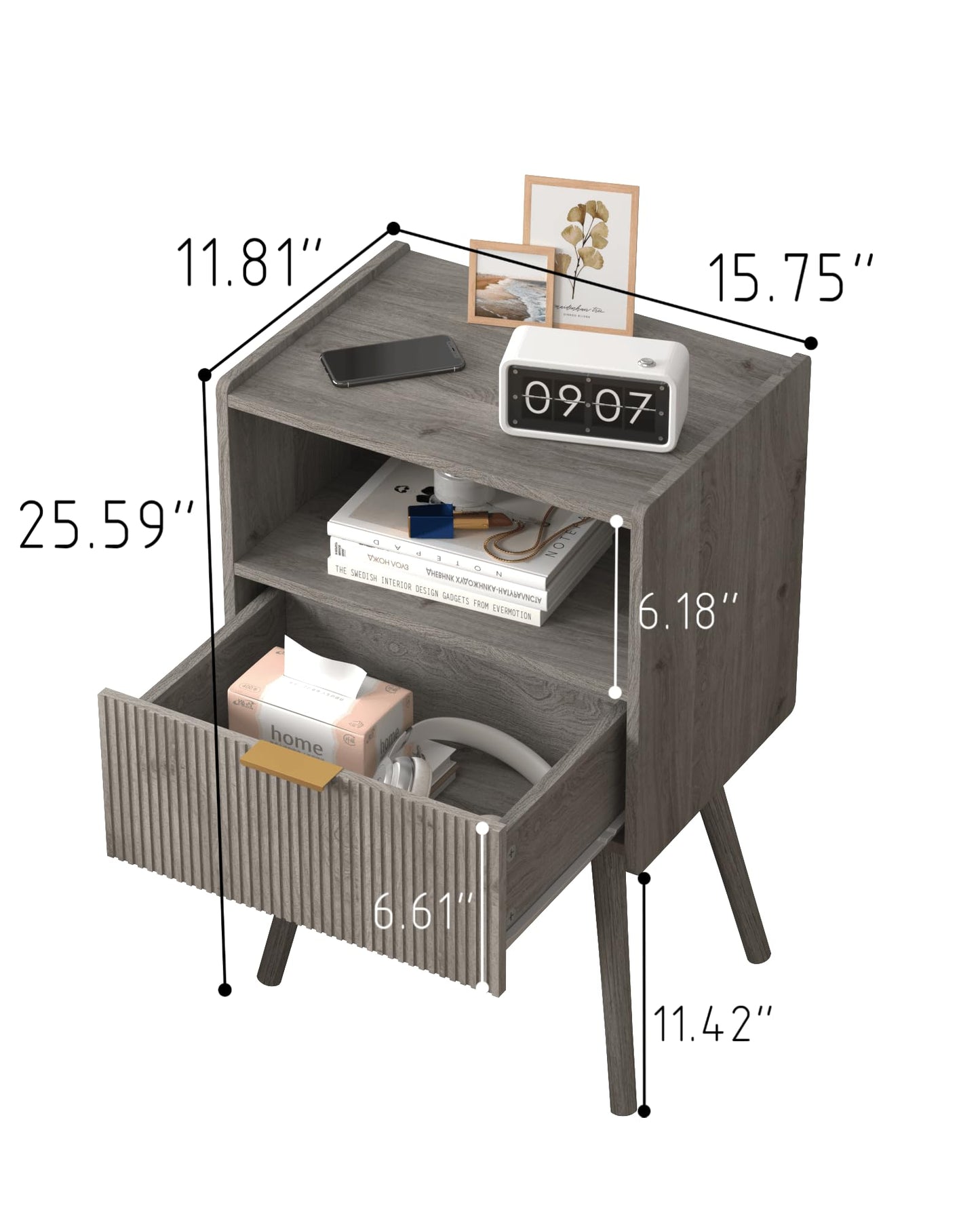 JOONEE Nightstand,Modern Bedside Table with Storage Drawer and Open Wood Shelf, for Living Room, Bedroom and Small Spaces, Accent Night Stand with Solid Wood Legs, Easy Assembly,Grey Oak