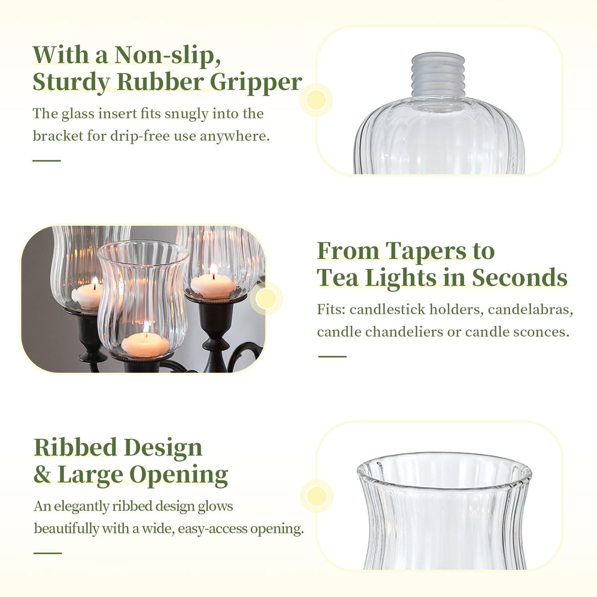 Glasseam Glass Votive Cups with Pegs: Set of 5 Shabbat Votive Candle Holders Bulk with Rubber Grippers Ribbed Glass Clear Candle Cups for Candlestick Holders Shabbos Party Centerpiece Decoration