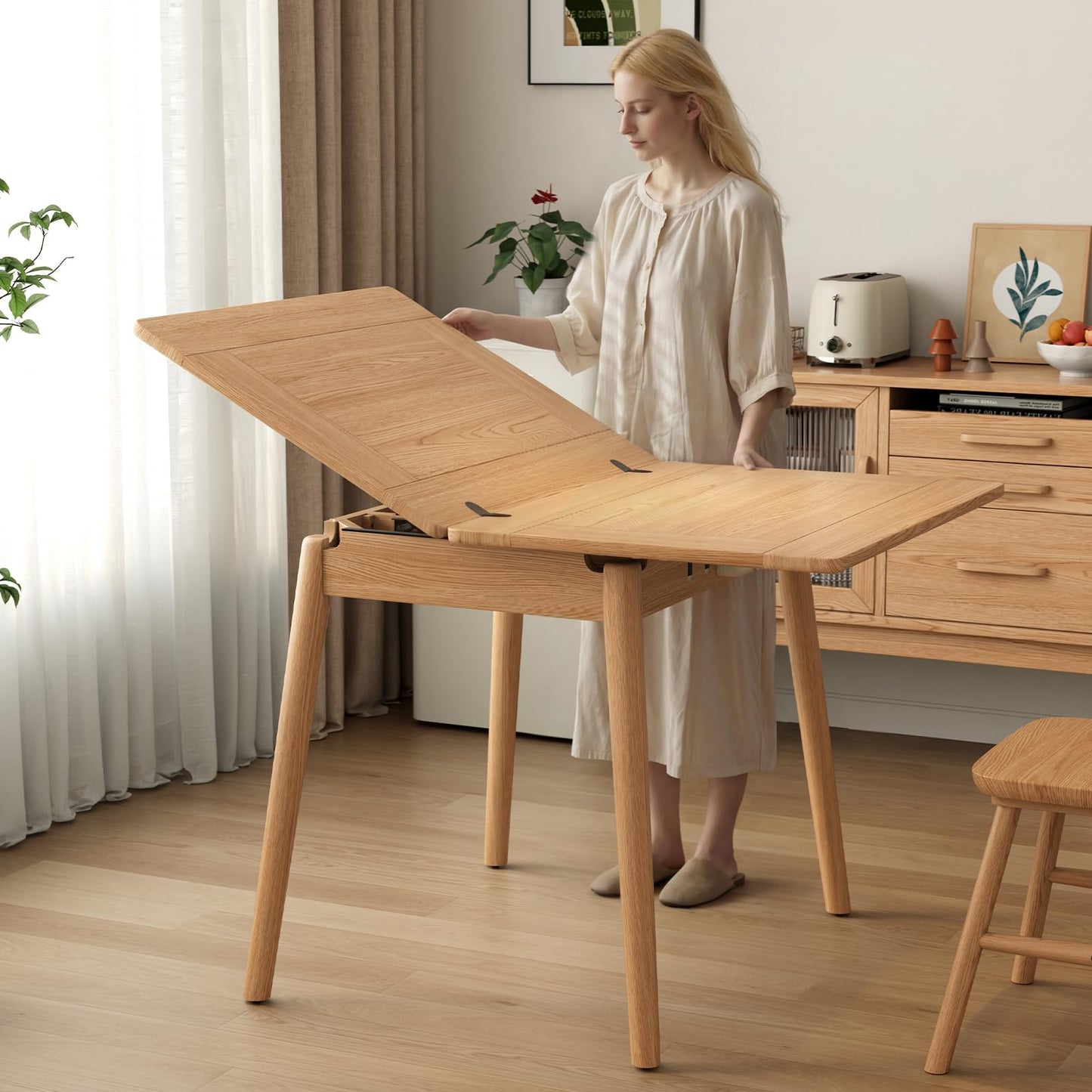 DONGMUWUJEE Solid Wood Small Dining Table, 23.6"L-47.2"L Expandable Kitchen Table for 2-6, Designed for Small Spaces, Easy Assembly, Suitable for Kitchen, Dining Room, Living Room, Apartment (Natural)