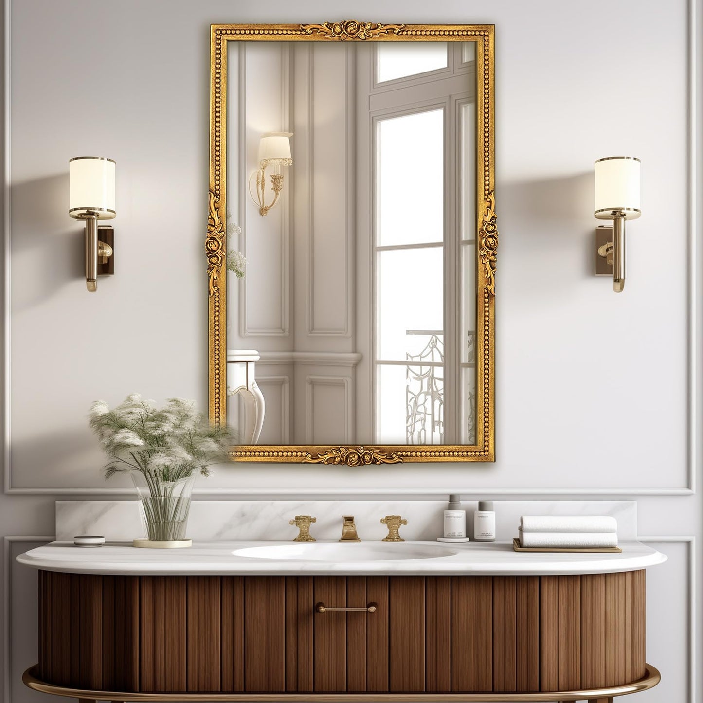 Varsoul Antiqued Gold Wall Mirror with Beaded Frame – 24 * 36in Traditional & Flourish Baroque Ornate Rectangle Mirror for Over Fireplace/Entryway Vanity, Living Room or Event – Home Décor