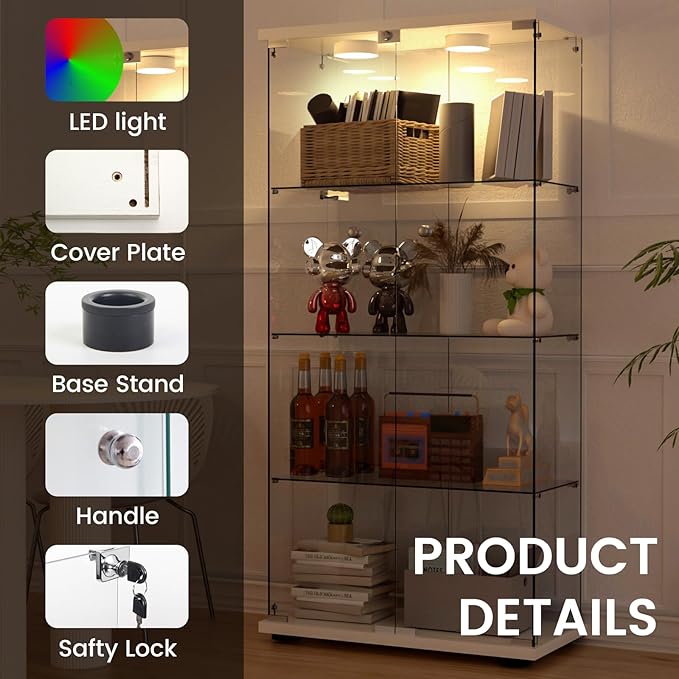 Display Cabinet with Light, Glass Door and Lock, 4-Shelf Fast Installation in