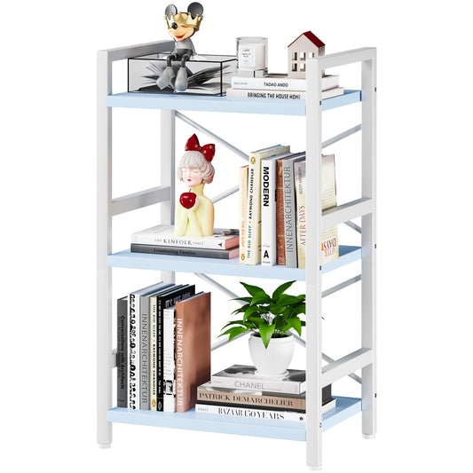 Homeiju Bookshelf, 3 Tier Industrial Bookcase, Metal Small Bookcase, Rustic Etagere Book Shelf Storage Organizer for Living Room, Bedroom, and Home Office(Blue) Patent Pending D29873033