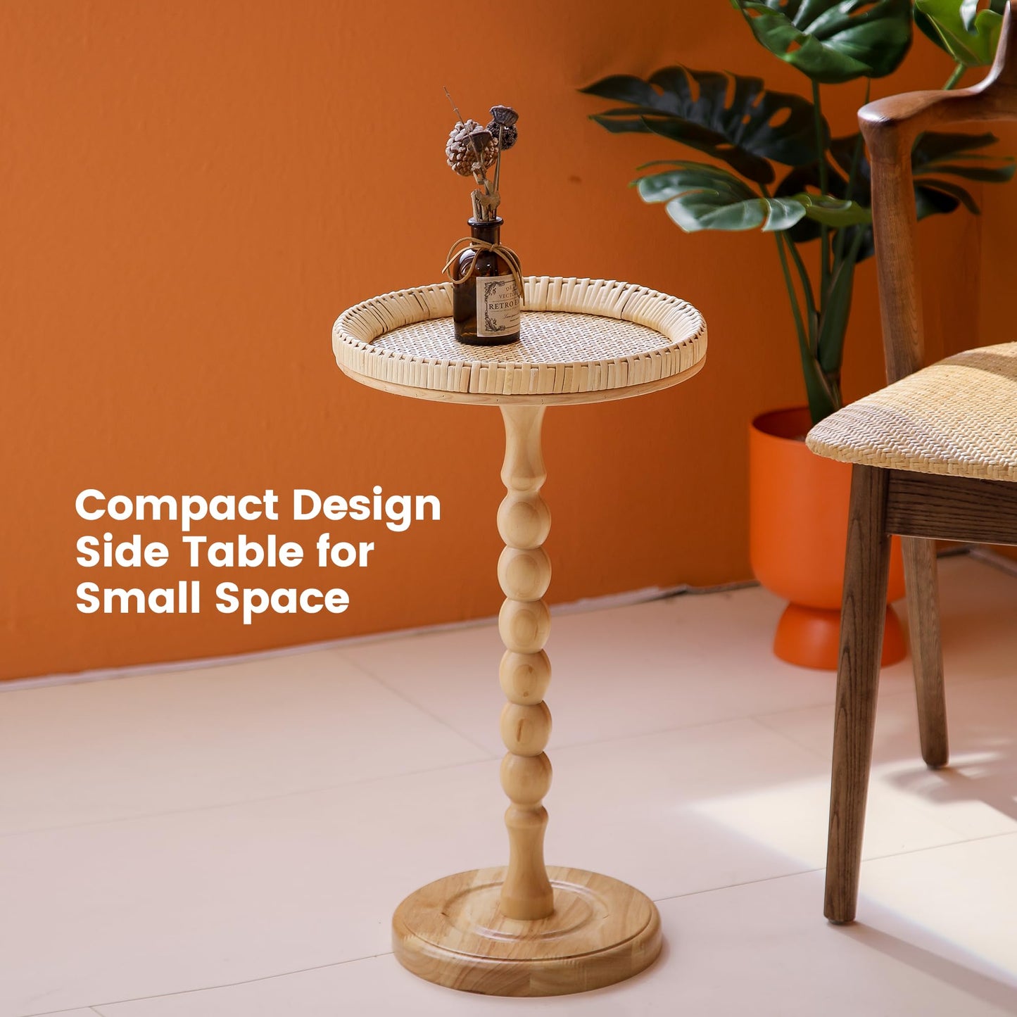 HuiDao Drink Table，Rattan Round Small Side Table for Small Spaces, Boho Circle End Table Coffee Table with Solid Wood Leg for Living Room, Pedestal Table for Bedroom, Corners
