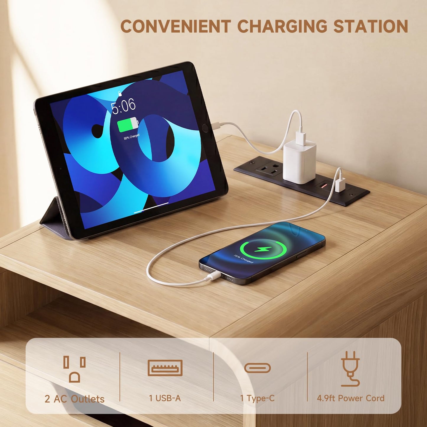 Nightstand with Charging Station, Modern Night Stand with LED Light, 15.7" Wide Wood Bed Side Table Bedroom, Small Bedside Table, Curved End Table with 2 Drawers| Natural Wood, 1 Pack