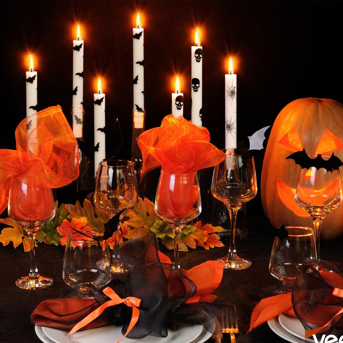 KunSwenn Halloween Flameless Taper Candles, 6 Pack LED Taper Candles Battery Operated with Remote Timer, Real Wax Flameless Candlesticks with Spider Webs/Skull/Bats Decals for Halloween Decoration