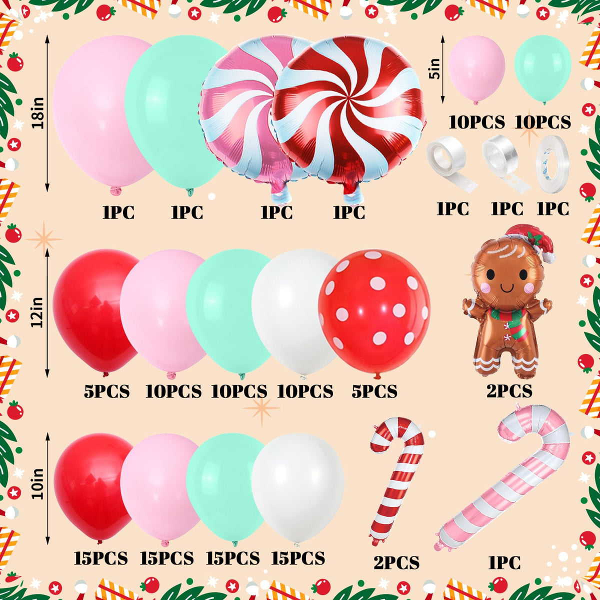 Christmas Balloons Arch Xmas 132PCS Red Pink Green White Balloons Garland for Gingerbread Party Decorations with Cane Foil Balloons Lollipop Candy Balloon New Year Cookie Exchange Decor