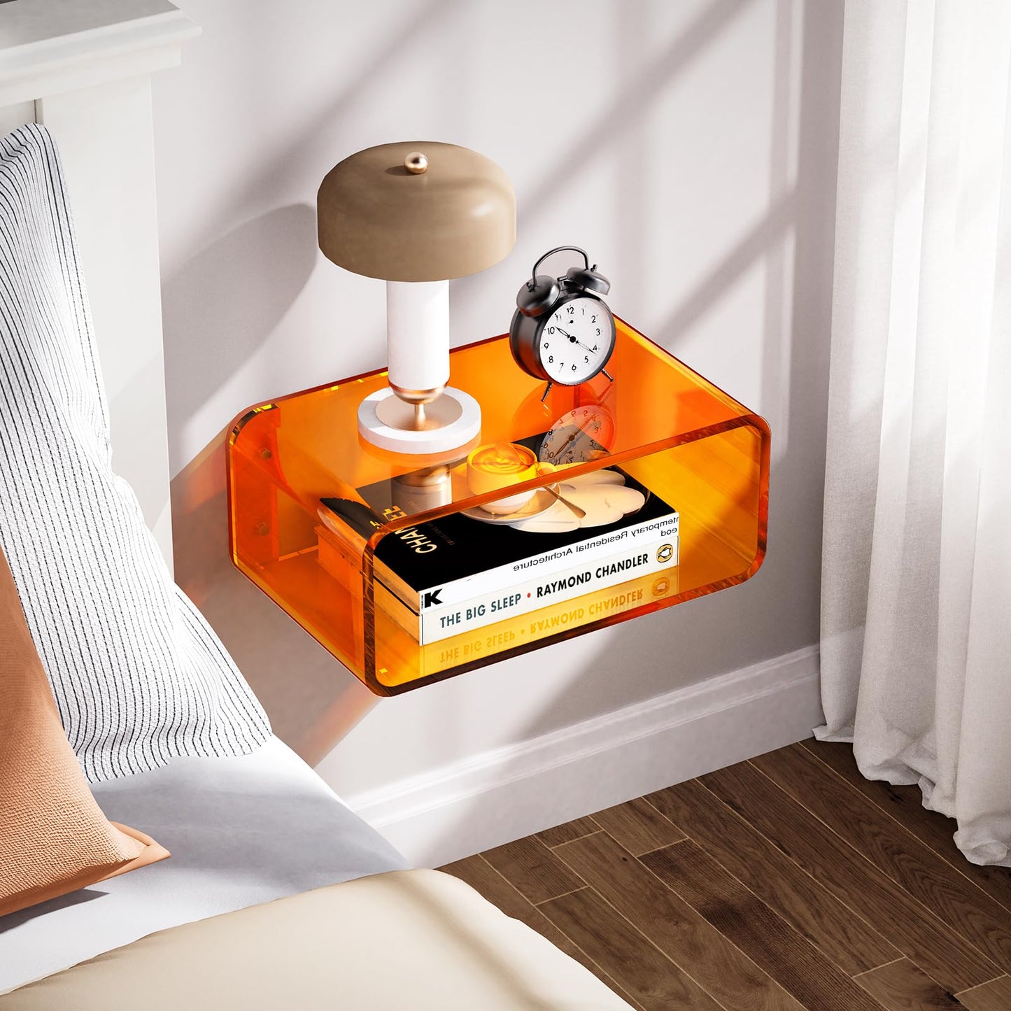 Acrylic Floating Nightstand, Bedside Table, Nightstand Shelf Wall Mounted Bedside Shelf (Orange, Small)