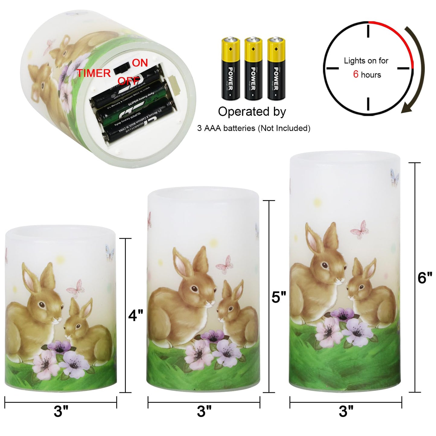 Wondise Easter Bunny Flameless Candles with 6hrs Timer, Battery Operated Pillar Candles with Easter Eggs Lilies Real Wax Flickering LED Candles for Easter Decoration Set of 3(D3 x H4/5/6 Inch)