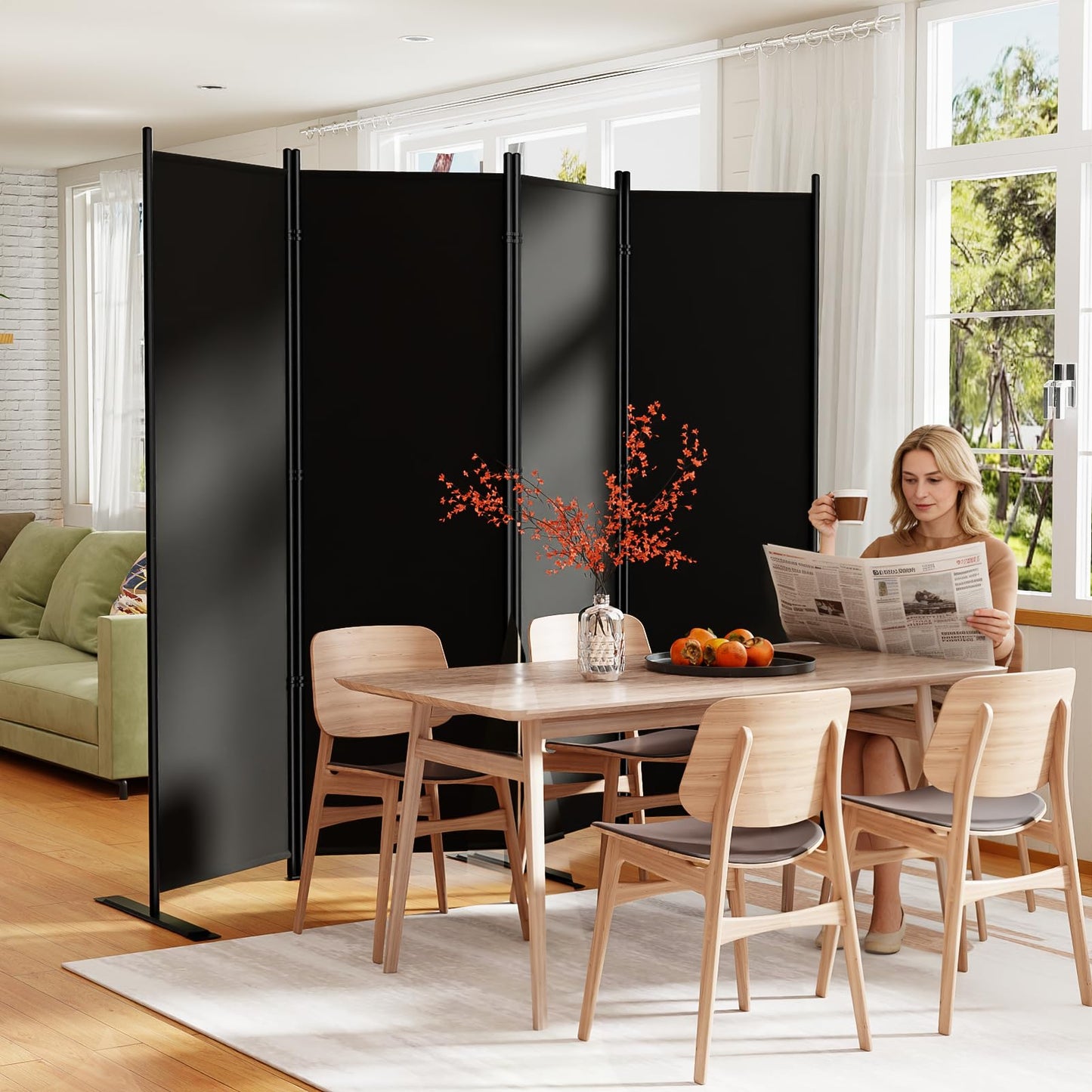 SUNALLY Room Divider 6FT Folding Privacy Screens, 8 Panel Fabric Divider for Room Separation, 176" W Freestanding Portable Wall Dividers Screen for Home Dorm Studio Office, Black