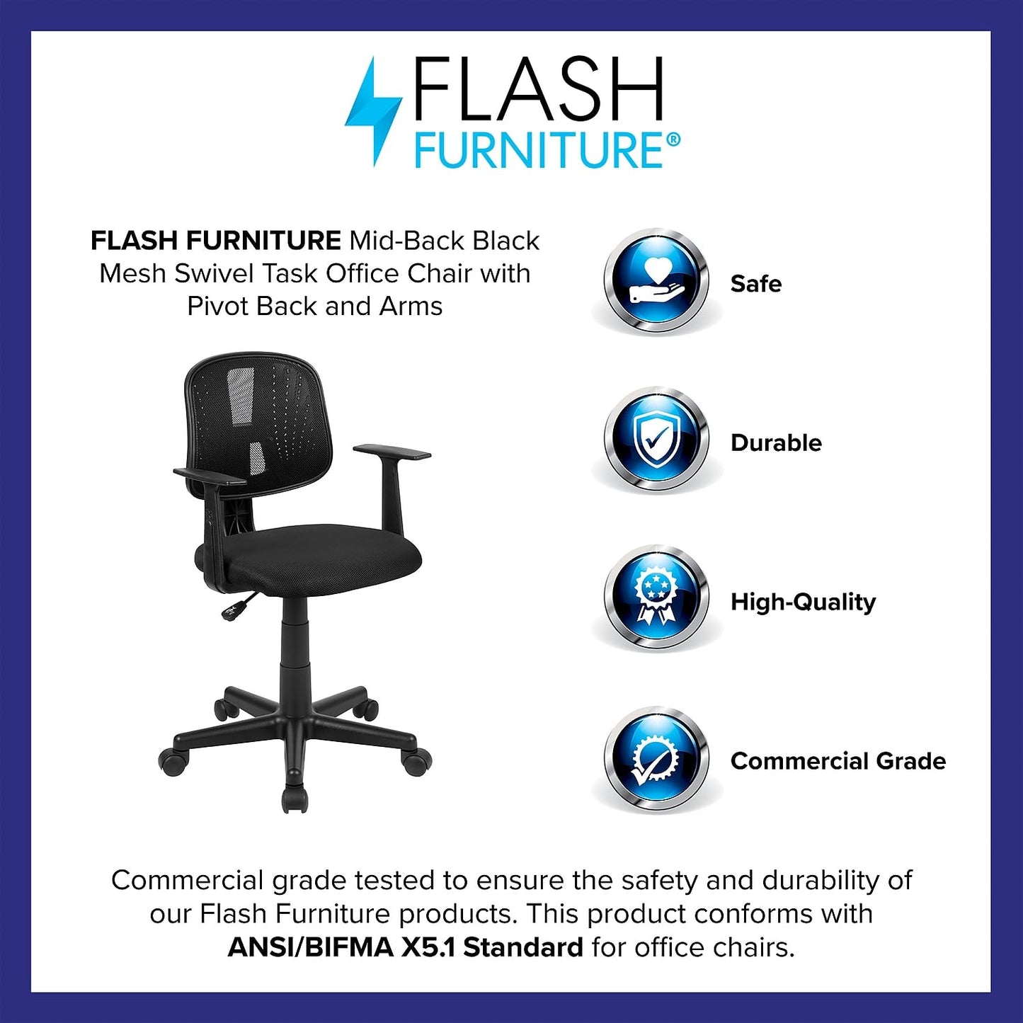 Flash Furniture Flash Fundamentals Mid-Back Black Mesh Swivel Task Office Chair with Pivot Back and Arms