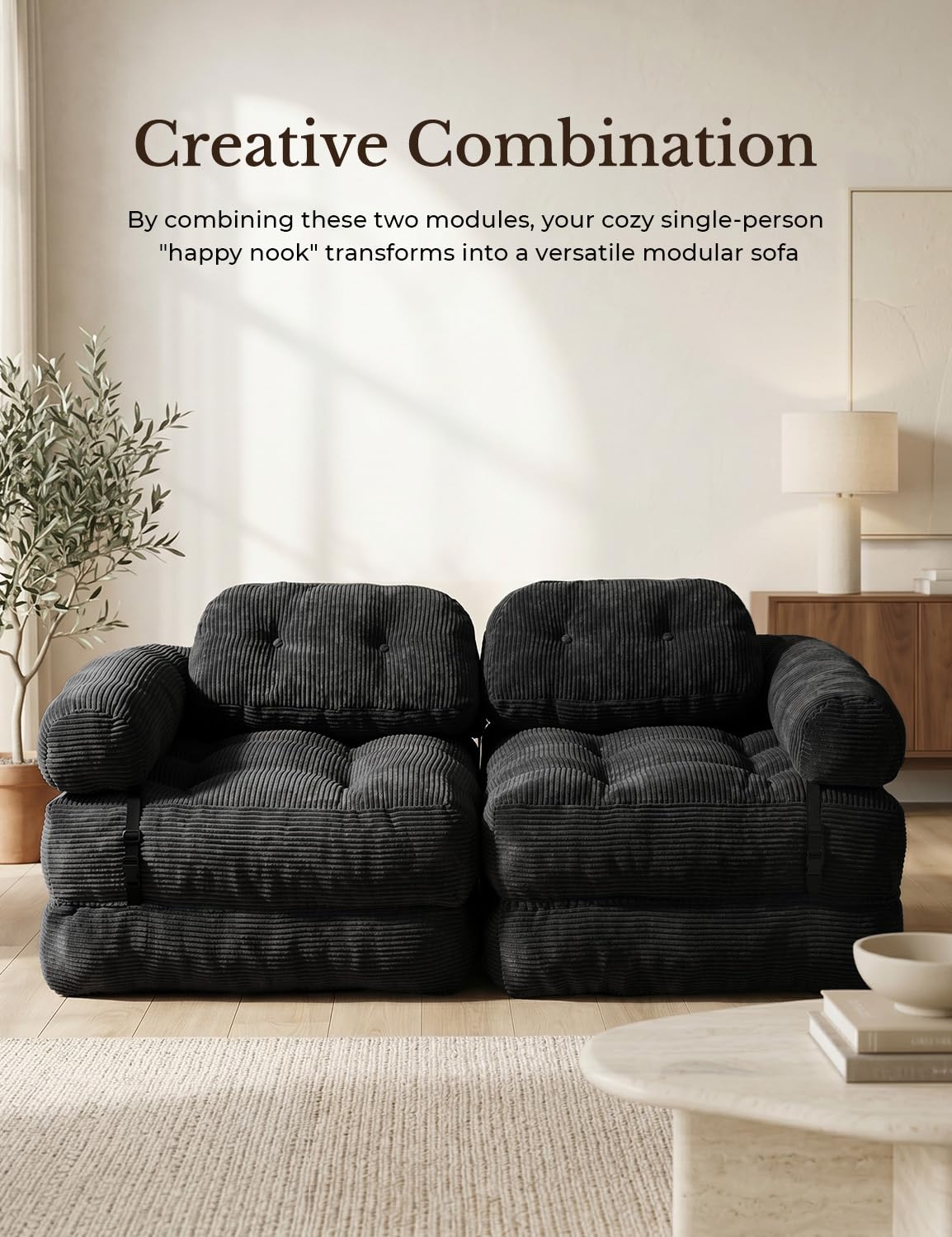 Vellorise Folding Sofa Bed, L-Shaped Couch Back Support and Arm Pillow Futon, Convertible Sofa Bed for Living Room/Guest Use/Home Office, Boneless Foldable Couch for Adults, Black