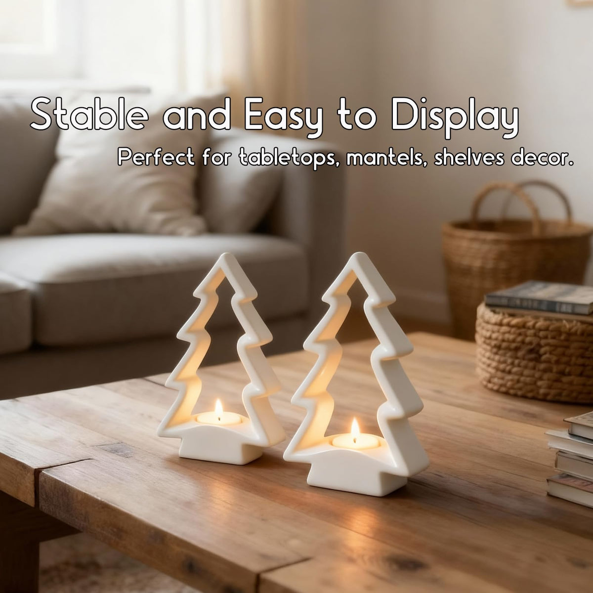 Mokof 2 Pcs White Ceramic Christmas Tree with LED Tea Lights & Remote Control, Farmhouse Tabletop Christmas Decorations Indoor for Mantle, Fireplace, Shelf Winter Holiday Home Decor (9.5" H & 7.5" H)