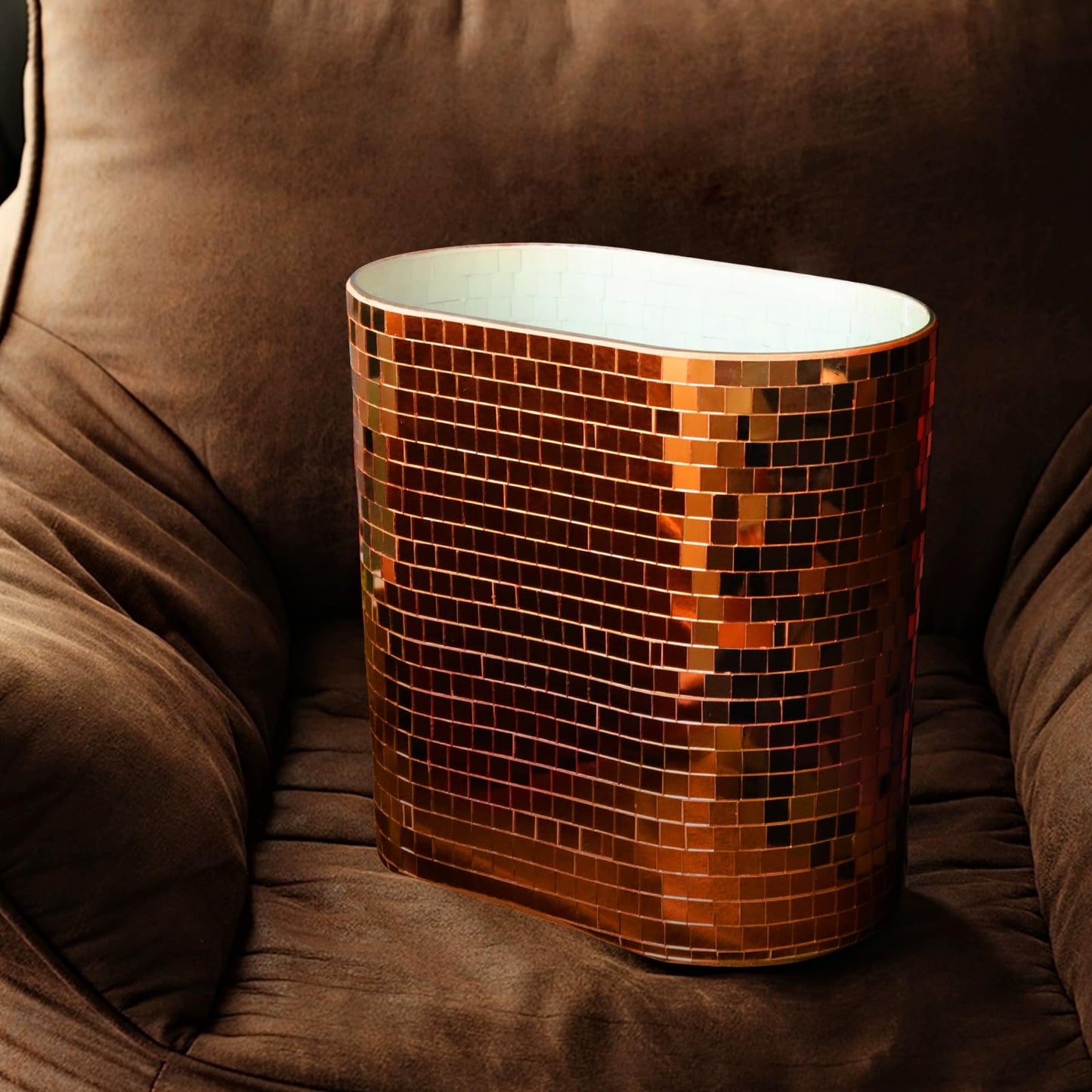 WDHODEC Rose Gold Mosaic Waste Basket (9.8" Tall) | Narrow Oval Decorative Trash Can for Bathroom Vanity & Toilet Side | Luxury Handcrafted Mirror Accent Dual-Use Flower Vase