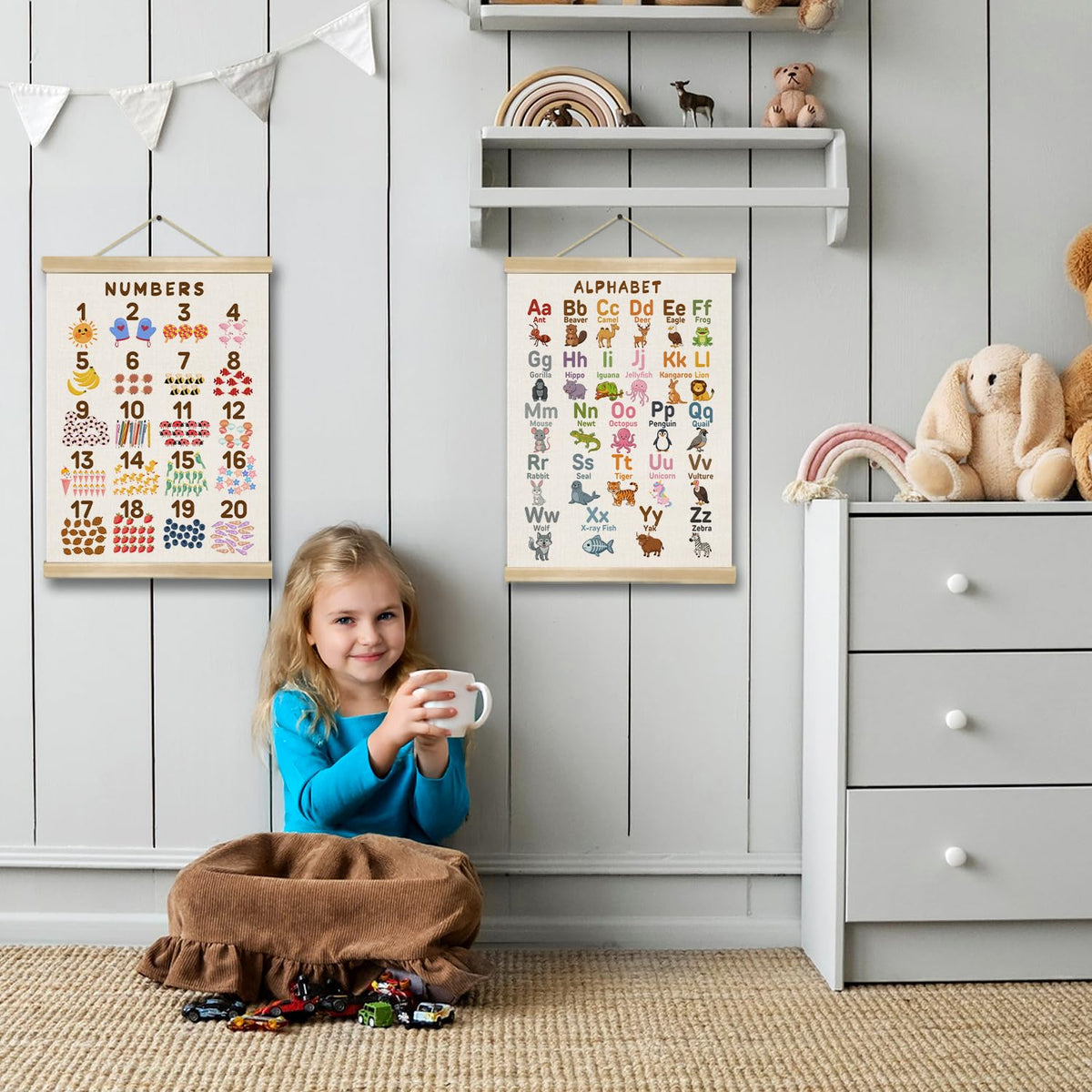 Alphabet and Numbers Chart Poster Set of 2, Alphabet Numbers Wall Art 14x18.5inch,ABC Banner Posters, Banner Wall Hanging Decor for Toddler Room Playroom Nursery Wall Classroom Decor (Purple ABC&123)