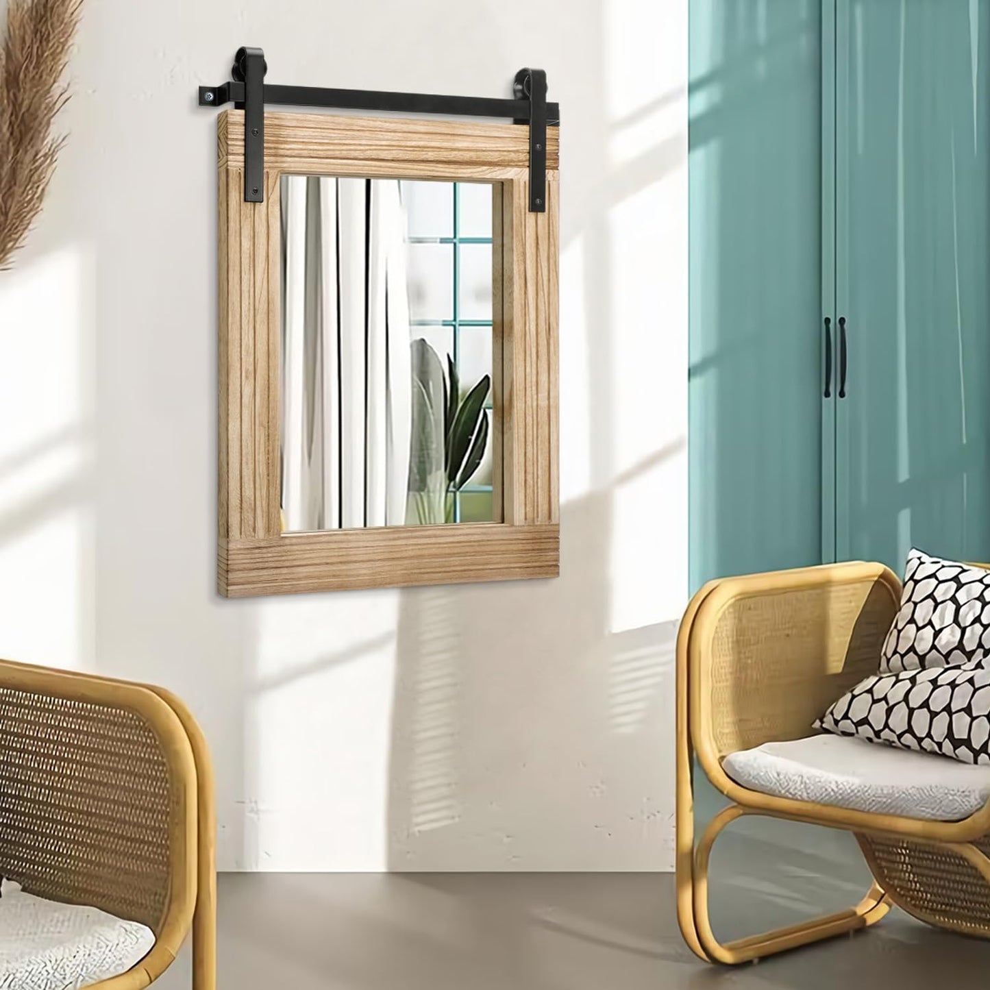 AAZZKANG Rustic Mirrors for Wall Large 26"x18" Rectangle Wood Frame Mirror with Metal Bracket Farmhouse Bedroom Living Room Decorative Wall-Mounted Mirror