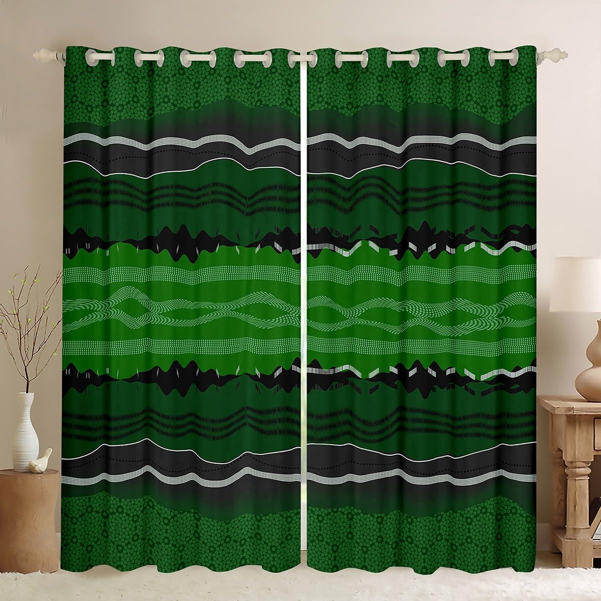 Feelyou Abstract Stripe Curtains for Bedroom Living Room Green Abstract Stripe Blackout Darkening Drapes Geometric Window Treatments, 2 Panels 38 x 45 Inch Room Decor