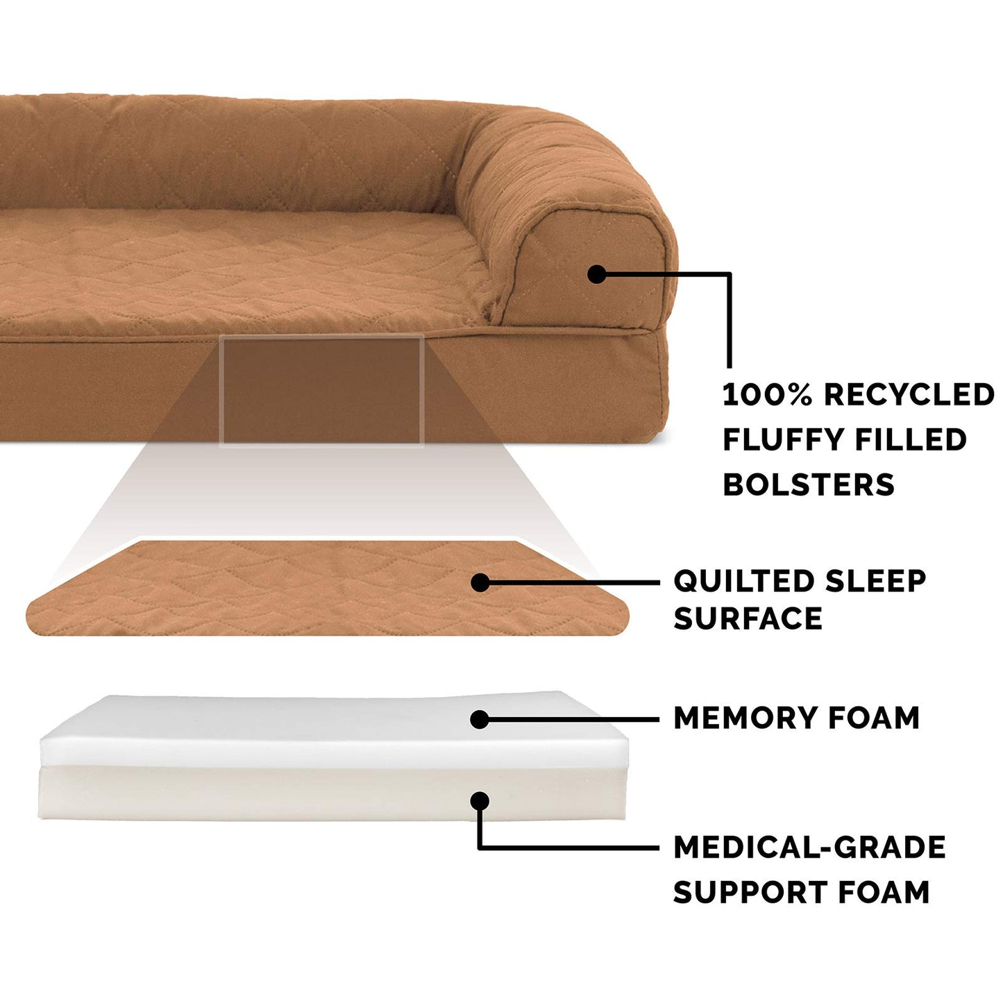 Furhaven Memory Foam Dog Bed for Medium/Small Dogs w/ Removable Bolsters & Washable Cover, For Dogs Up to 35 lbs - Quilted Sofa - Toasted Brown, Medium