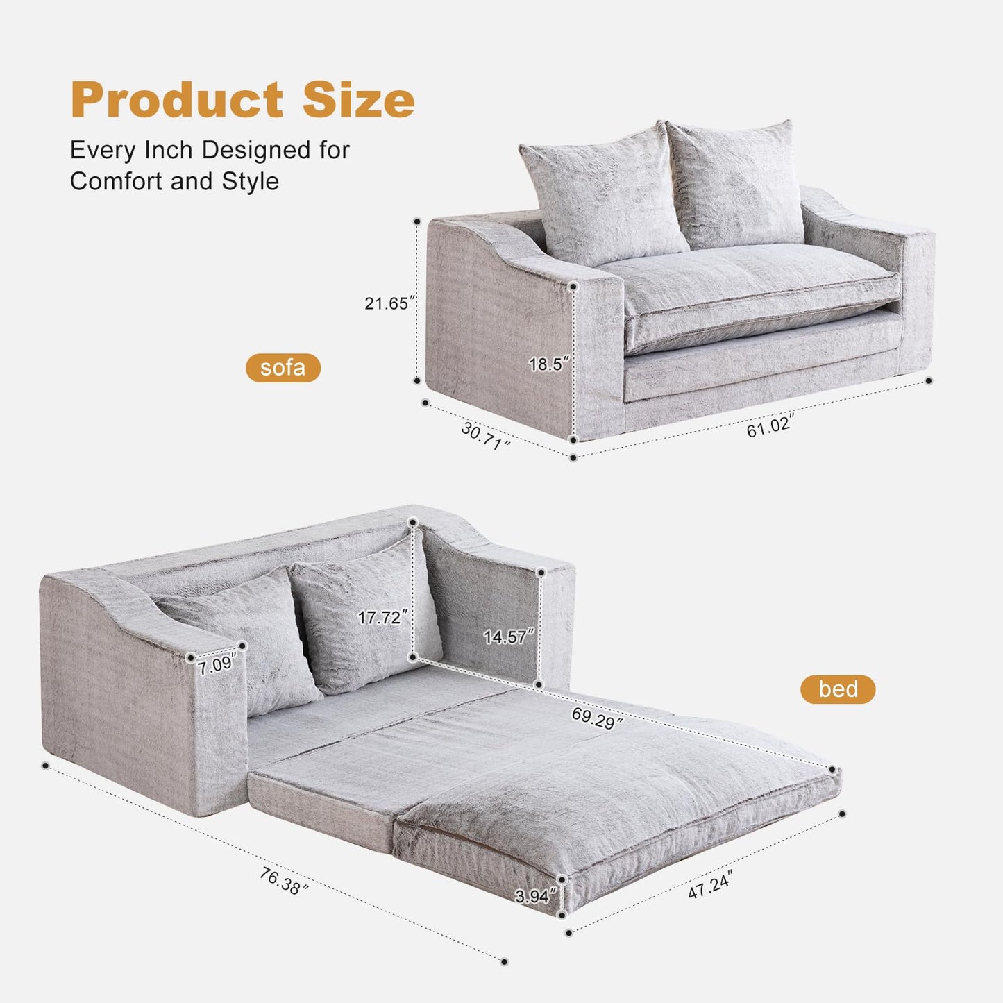 61" Convertible Sofa Bed Loveseat, Memory Foam Boneless Floor Couch with Removable Faux Fur Cover, Tri-folding Compact Full-size Sleeper for Small Living Room, Playroom, Guest Room, RV (White-Coffee)