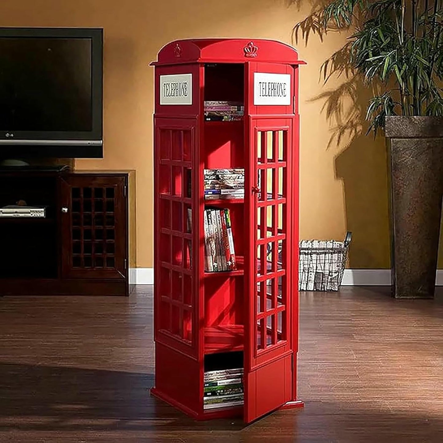 MNJVCFDS Telephone Booth Bookshelf 5 Tier Wood Bookcase,Cute Floor Standing Bookcase Acrylic Door,Phone Booth Storage Cabinet Organizer Display Bookshelf