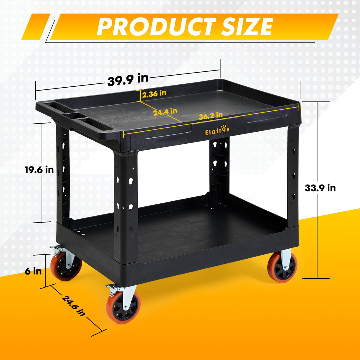 ELAFROS Extra Large Heavy Duty Utility Cart 39.9 x 24.6 Inch - Work Cart Big 2-Tier Plastic Rolling Service Cart with Deep Shelves, 6 Inch Casters, 550 lbs Capacity, Black