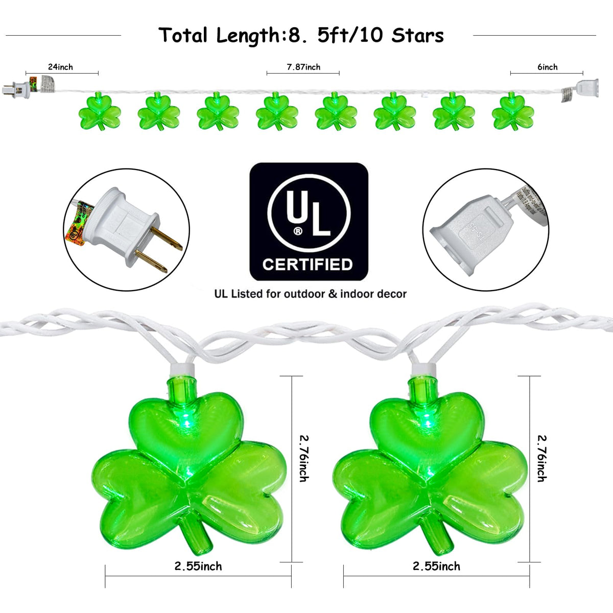 LED Shamrock String Lights Outdoor, 8.5Ft St. Patrick's Day Decorations Lights with 10 Green Clover Light, Plug in Shamrock Fairy Light for Indoor Outdoor St. Patrick's Day Party Irish Window Garden