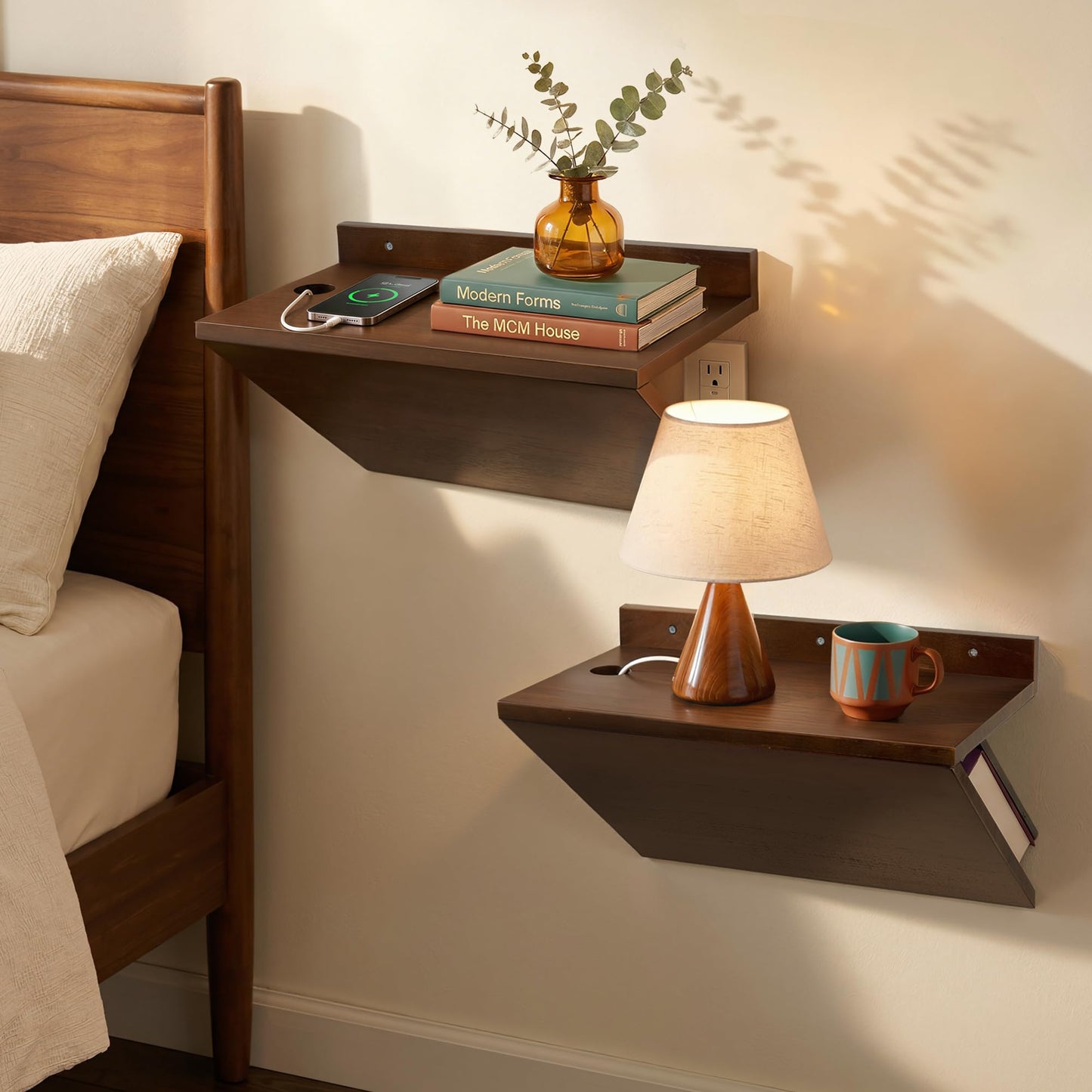 Petrala Floating Nightstands Set of 2, Wall Mounted Night Stand Walnut Wooden Bedside Shelf Mid Century Modern Small Hanging Side Table Narrow Nightstand Shelves Organizer for Bedroom Small Spaces