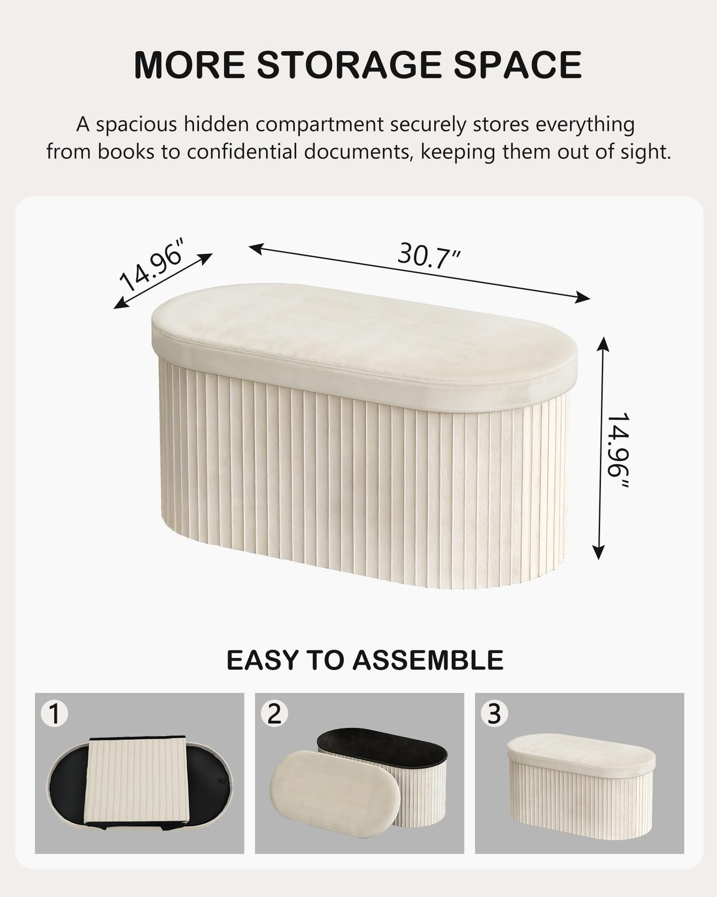 GLAXYFUR Folding Storage Ottoman, Velvet Upholstered Foot Rest, 30 Inches Oval Storage Bench for Bedroom, Living Room & Entryway (Beige)