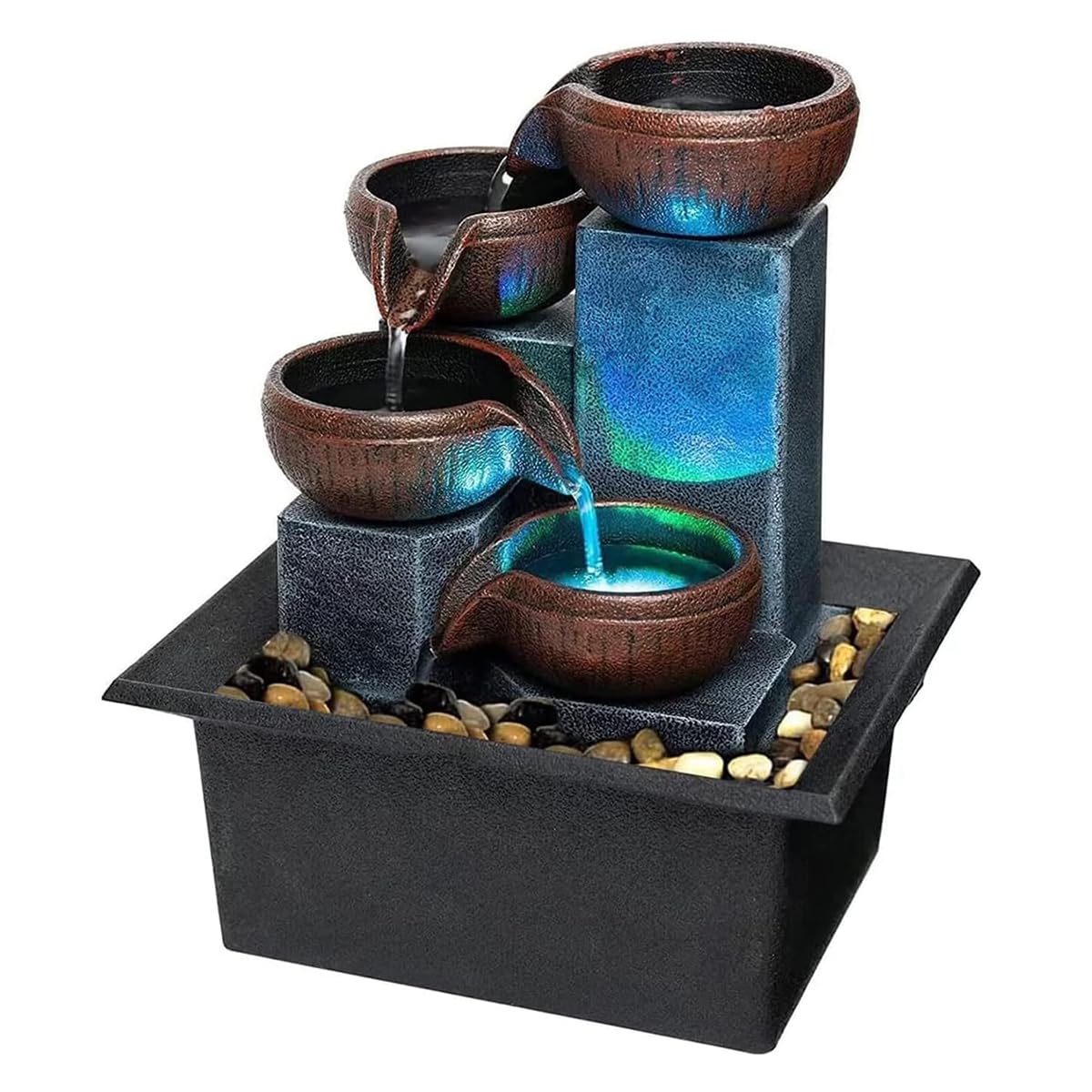Small Tabletop Waterfall Fountain Zen Meditation Fountain Indoor Desktop Water Fountain with LED Light and Natural River Rocks for Office Home Bedroom