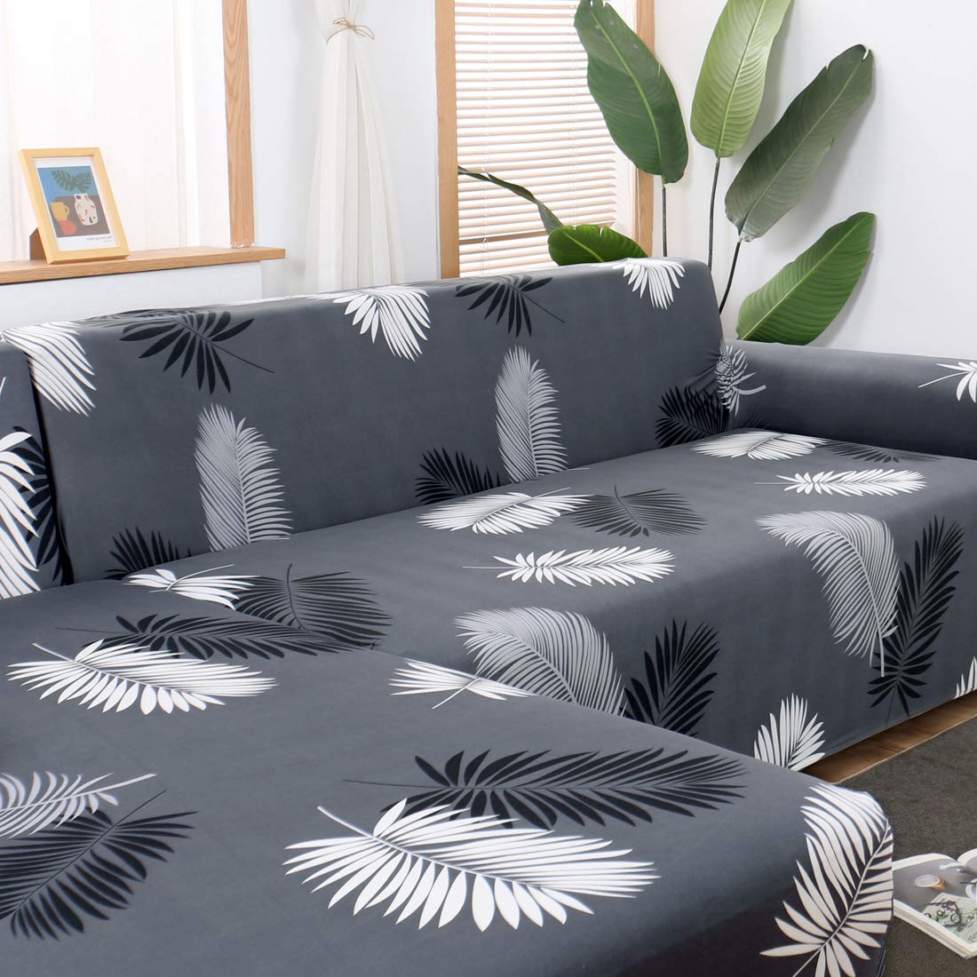 MIFXIN Sectional Sofa Covers L Shape Couch Slipcover 2 Piece Stretch Elastic L-Type Chaise Sectional Sofa Couch Furniture Protector for Living Room Pets Kids (Grey Black)