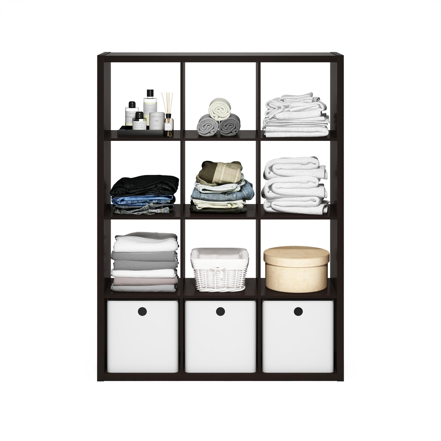 Furinno Cubicle Book Shelf, 12-Cube Bookshelf, Extra Thick Frame Reversible Bookcase with Open Back, 14.6" x 44" x 58", for Living Room, Bedroom, Home Office, Black Dark Oak