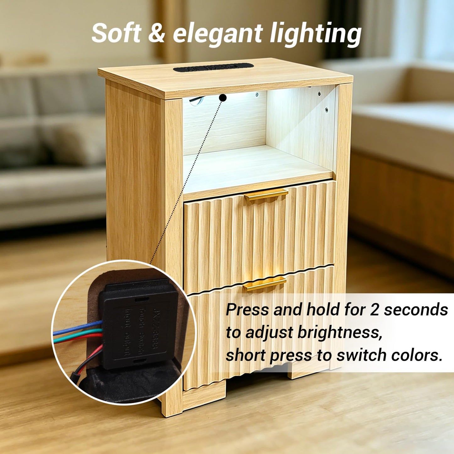 Fluted Nightstand with Charging Station & LED Light, 2 Drawer Bedside Table with Open Shelf, Modern Mid Century End Table with USB Outlet for Bedroom, Small Spaces, Oak, 18.5" x 11.8" x 25.6"