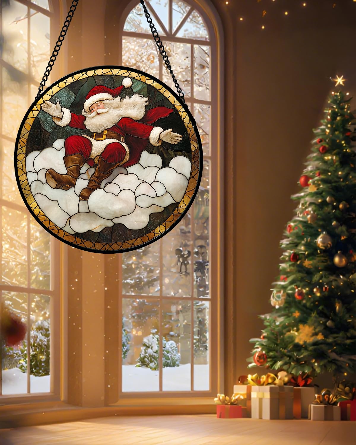 Stained Glass Window Hanging - Red White Santa Claus Clouds Suncatcher for Doors Home Christmas Decoration Sun Catcher Thanksgiving New Year Birthday Gifts for Friend Women Men Mom Nana 11.8 in