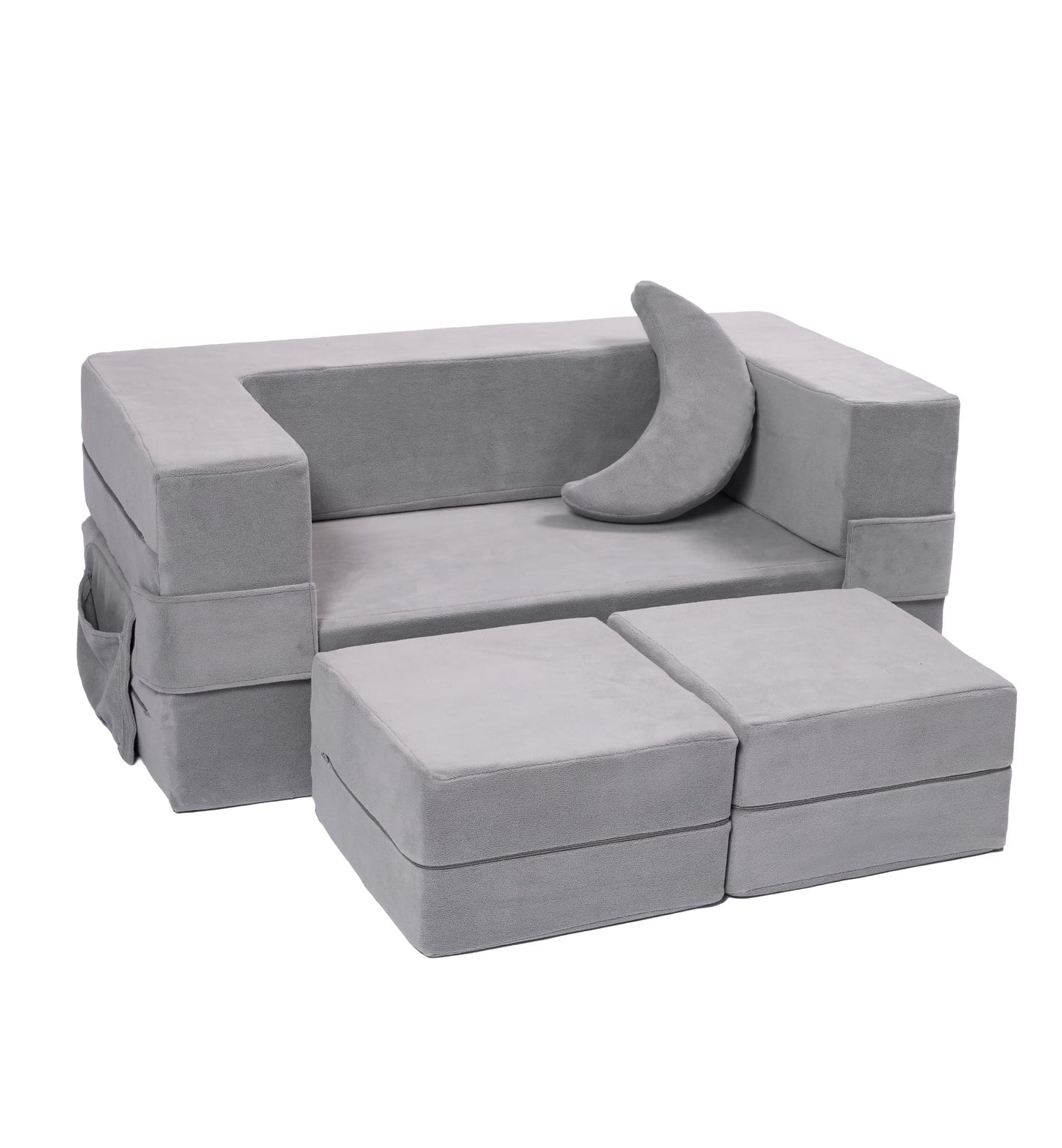 Elftopia Modular Kids Sofa,Toddler Couch Foam Armchair for Kids, Children Convertible Plush Sofa Play Set,Fold Out SofaBed(Grey)