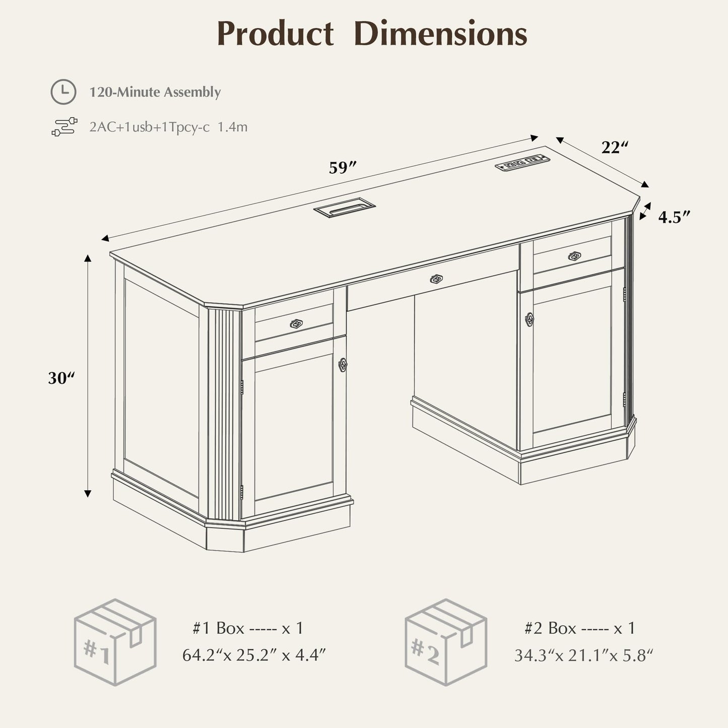 AMBERHAUS 59" Classic Executive Desk with Storage, Victorian Executive Desk with Charging Station, Keyboard Tray, 3 Drawers & 2 Cabinet Storage & 2 Pedestals, Easy Assembly, Dark Walnut