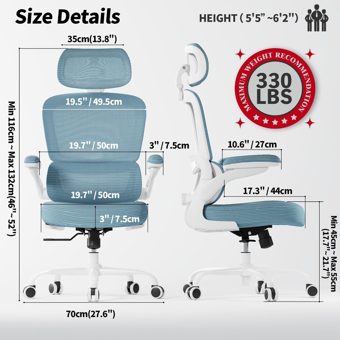TRALT Ergonomic Office Chair - Desk Chair with Adjustable Headrest Lumbar Support Computer Chair - Mesh Comfy Chair with Flip-up Armrests - Gaming Chairs for Adults Home Office (PU Leather, Blue)