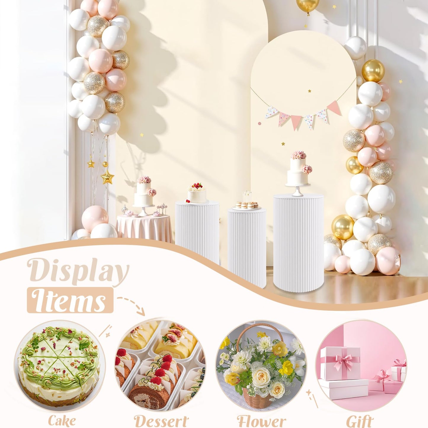 JALANCY Metal Pleated Cylinder Pedestal Stands for Party, 3 Pieces Heavy Duty Round Cake Pedestal Stand Display Plinth Pillars Art Decor for Wedding Ceremony Birthday Party（Small, White）
