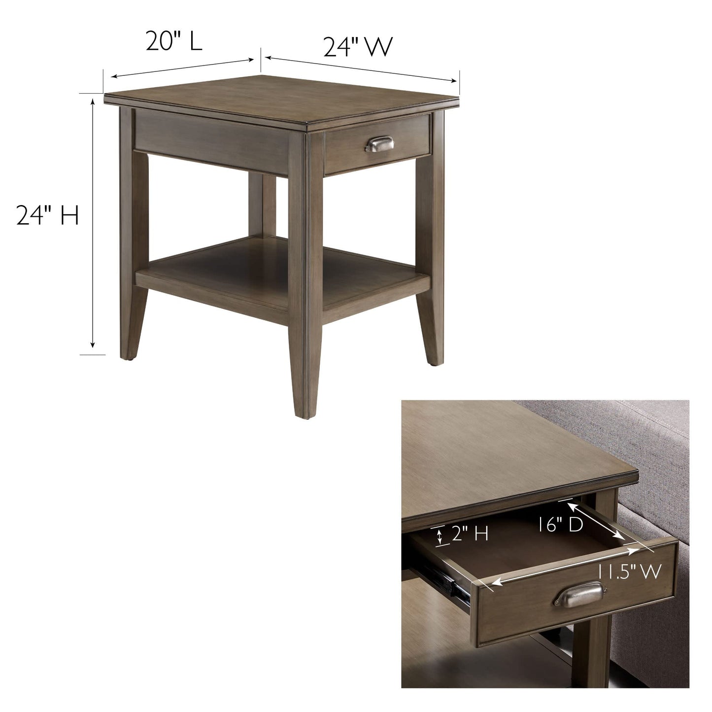 Leick Home Laurent End Table, Solid Wood, with Shelf and Drawer, Smoke Gray, 10507-GR