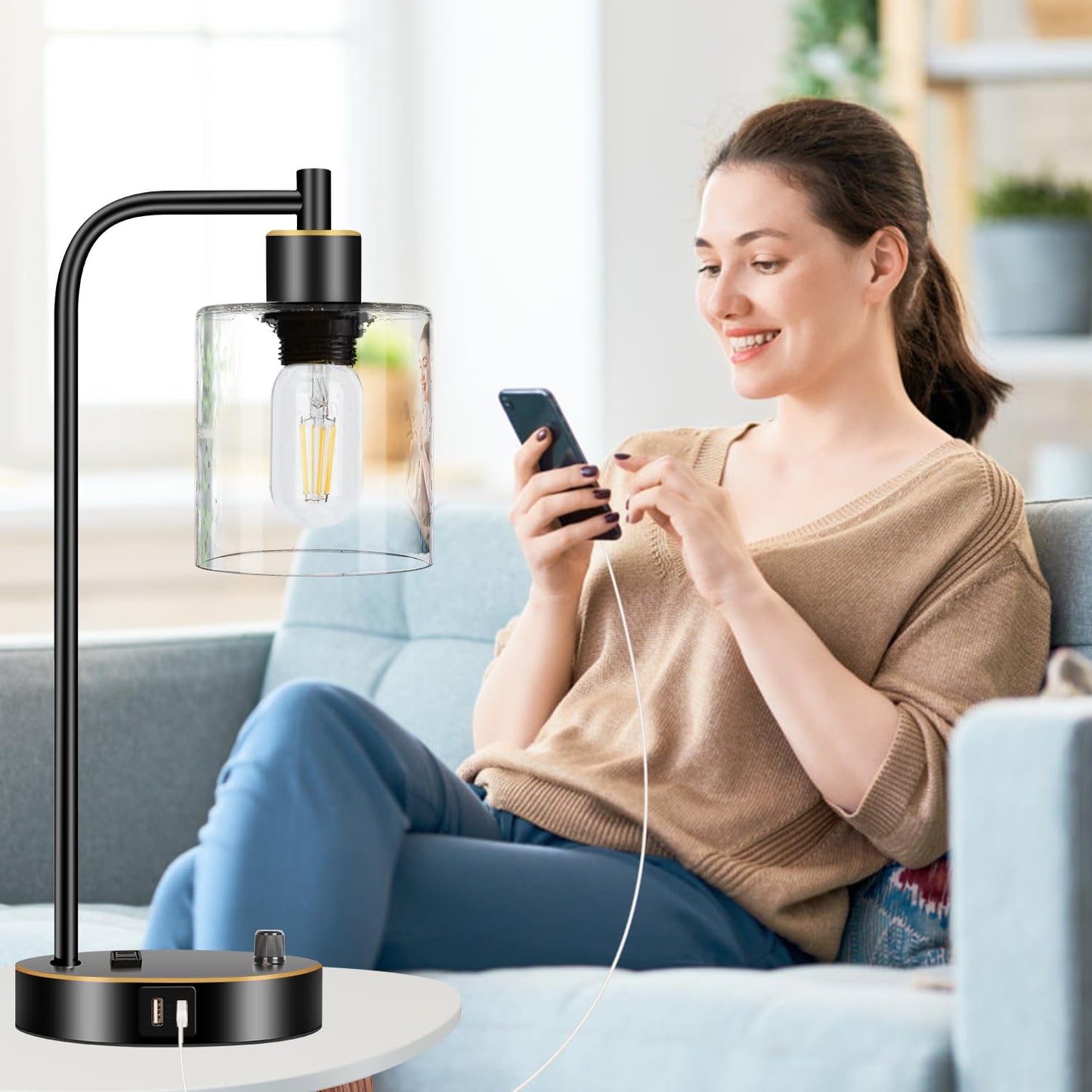Set of 2 Black and Gold Industrial Table Lamps with USB Port, Fully Stepless Dimmable Bedside Lamps for bedrooms, Nightstand Desk Lamps with Clear Glass Shade for Reading Office 2 LED Bulb Included