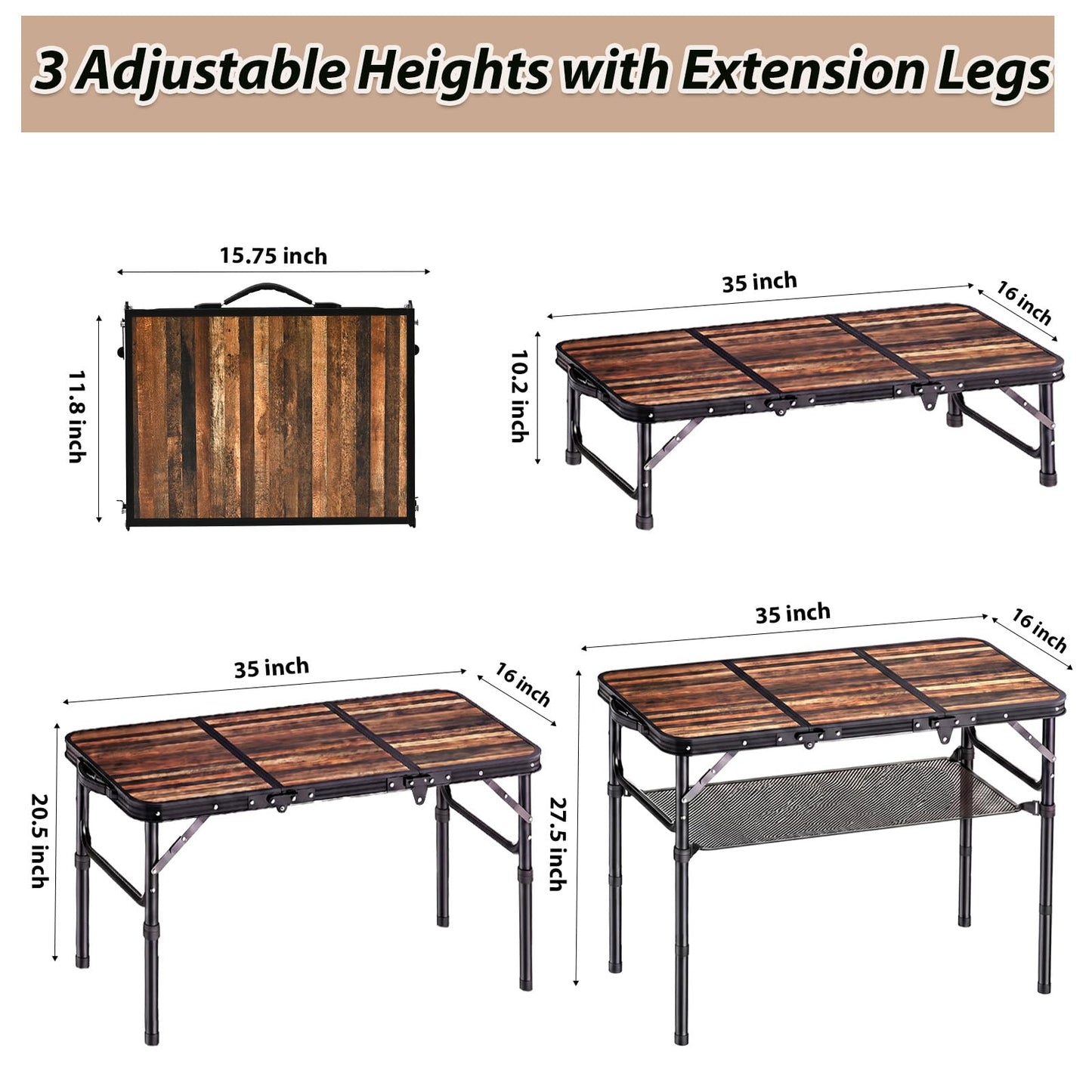 YihuiKo Folding Camping Table with Storage Net, Lightweight Portable Foldable Table with Adjustable Height Max 27.5 Inch Outdoor Table for Picnic Travel, Plank-Style Wood Grain