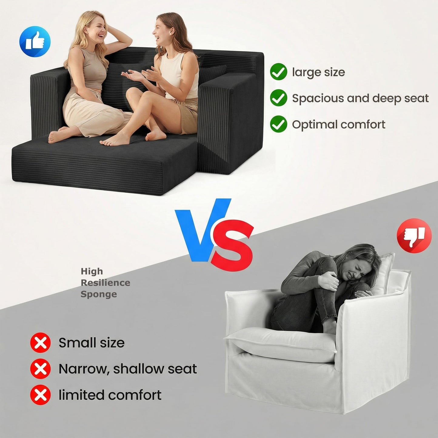 AOLVDOW Convertible Sofa Bed, 5 in 1 Small Boneless Couch Pull Out Loveseat Sleeper Sofa,Corduroy Futon Couch Folding Mattress with 4 Pillows for Living Room (Black, 56INCH)