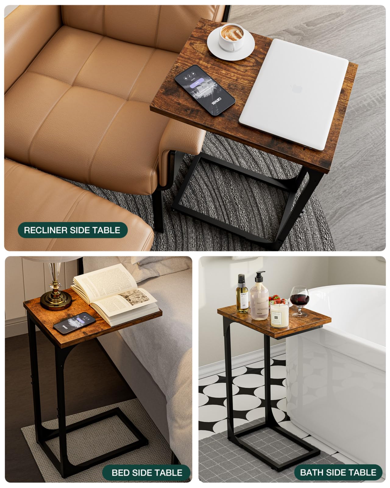 RISWER C-Shaped Side Table for Couch - Small Coffee Stand Sofa Tray Desk with Metal Frame and Waterproof Scratch Resistant, Modern End Accent for Living Room, Bedroom, Small Spaces, Rustic Brown
