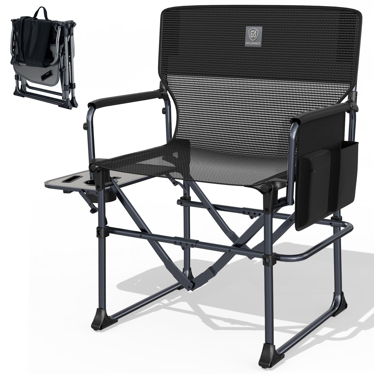 EVER ADVANCED Camping Directors' Chair with Side Table, Portable Folding with Compact Size, Breathable & Quick Dry Design Heavy Duty Lawn Chair with Pocket, 400lbs, Textilene Mesh, Black