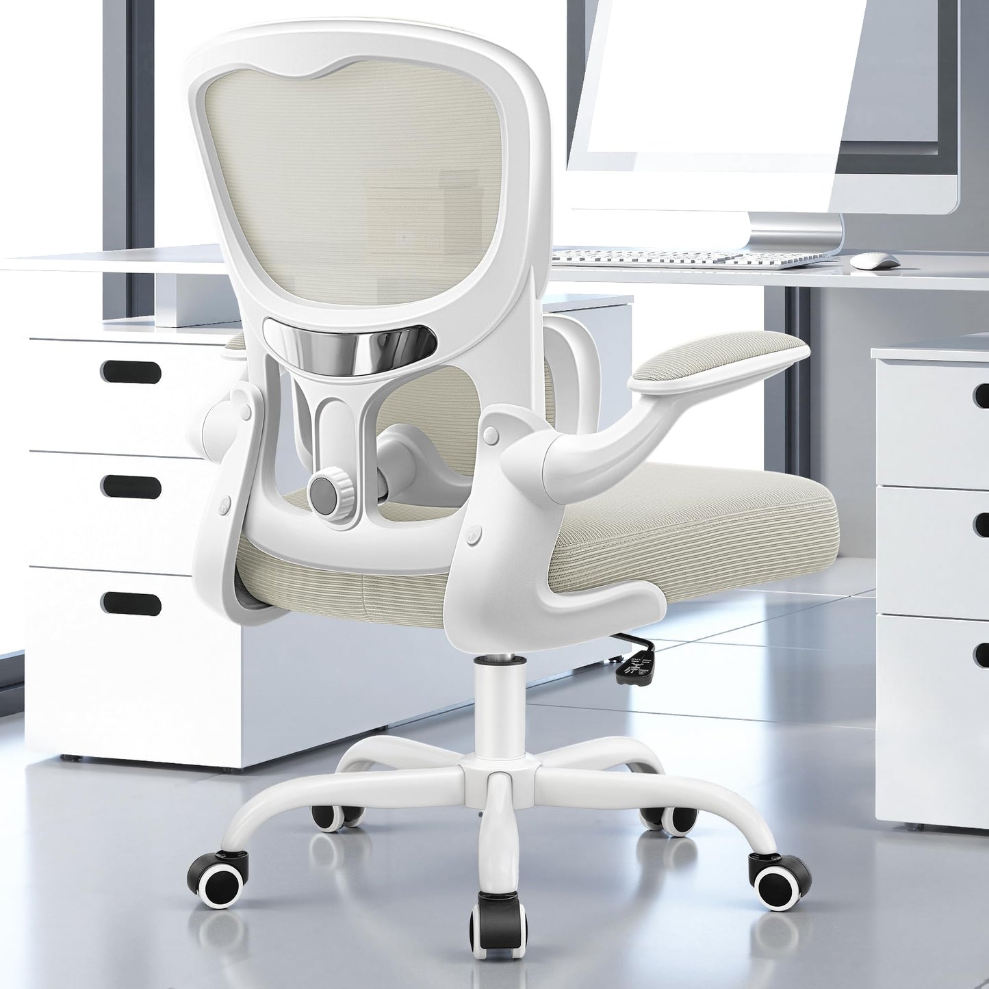 ALLGOD Ergonomic Office Chair, Breathable Mesh Ergonomic Desk Chair with Adjustable Lumbar Support, Flip-up Armrests, Computer Chairs Comfortable for Home, Office, Work, 300lbs, White, Upgrade